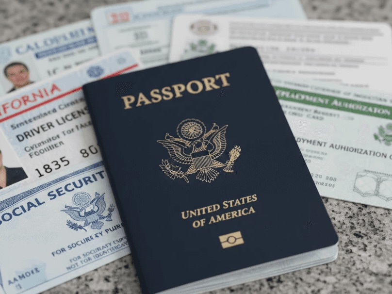Passport, driver's licenses, and identity documents spread on a table