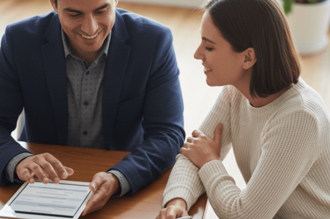 Manager and new hire reviewing documents together on a tablet
